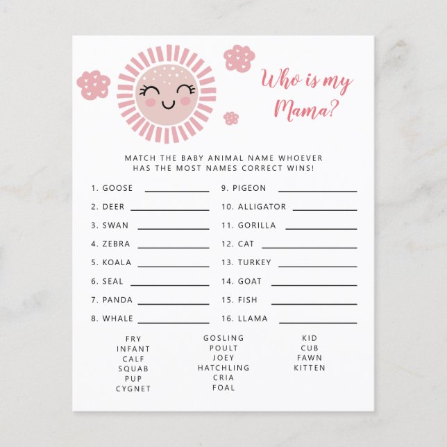 Pink Sunshine Wie is mijn Mama Baby shower spel (Voorkant)