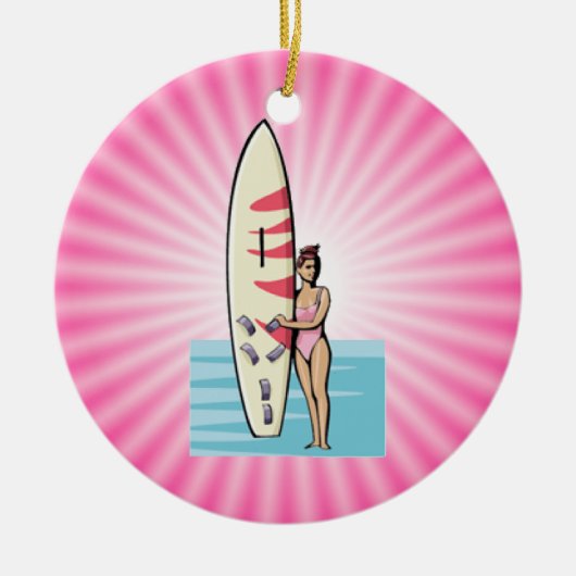 Pink Surfer Girl Keramisch Ornament (Voorkant)