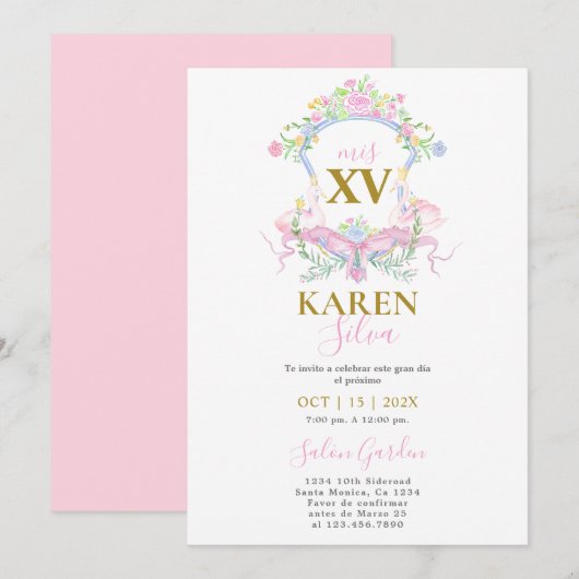 Pink Swan Crest Quinceanera Uitnodiging (Voorkant / Achterkant)