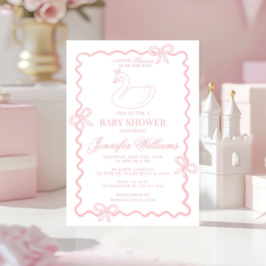 Pink Swan Princess Bow Coquette Baby Girl Shower Kaart