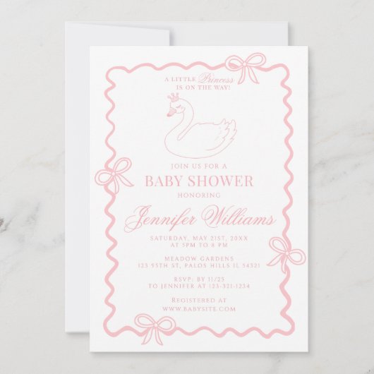 Pink Swan Princess Bow Coquette Baby Girl Shower Kaart (Voorkant)