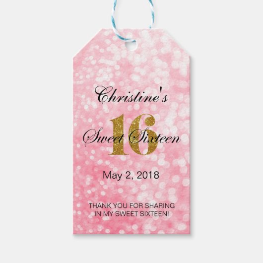 Pink Sweet 16 Gold Glitter Favor|Cadeau Labels Cadeaulabel (Voorkant)