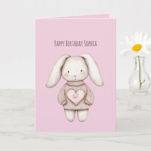 Pink Sweet Cute Bunny Pink Sweater Heart Birthday Kaart (Kleine Plant)