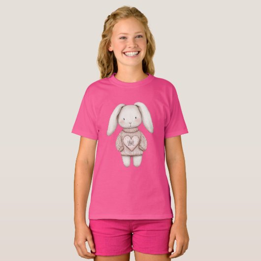 Pink Sweet Cute Bunny Pink Sweater Heart T-shirt (Voorkant volledig)
