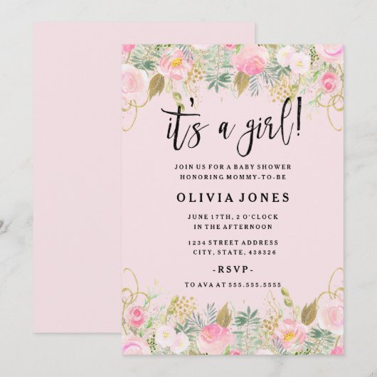 Pink Sweet Floral is een meisje Baby shower Uitnod Kaart (Voorkant / Achterkant)