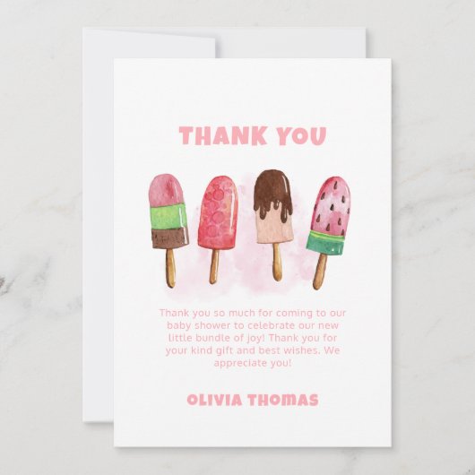 Pink Sweet Ice Cream Popcicle Baby shower Welkom Bedankkaart (Voorkant)