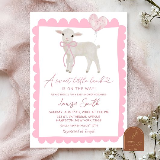 Pink Sweet Little Lamb Baby shower Kaart
