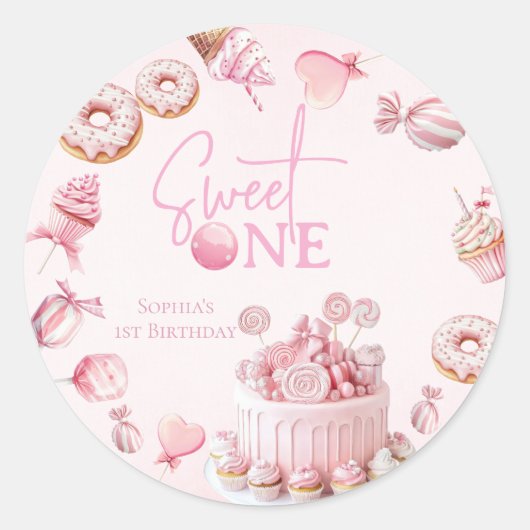 Pink Sweet One Round Favor Stickers (Voorkant)