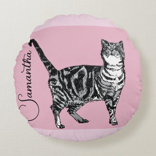 Pink Tabby Cat Cats Pink Girls Name Nursery Rond Kussen (Voorkant)