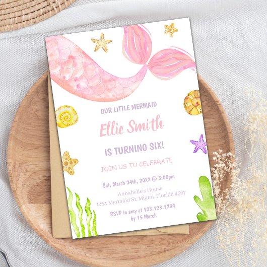 Pink Tail Mermaid Birthday-uitnodigingen Kaart