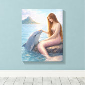 Pink Tail Mermaid & Dolphin Canvas Afdruk (Insitu (Houten vloer))