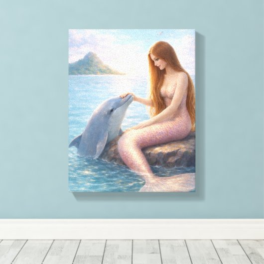 Pink Tail Mermaid & Dolphin Canvas Afdruk (Insitu (Houten vloer))