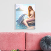 Pink Tail Mermaid & Dolphin Canvas Afdruk (Insitu (Woonkamer))