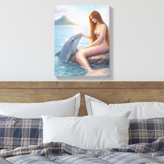 Pink Tail Mermaid & Dolphin Canvas Afdruk (Insitu (Slaapkamer))