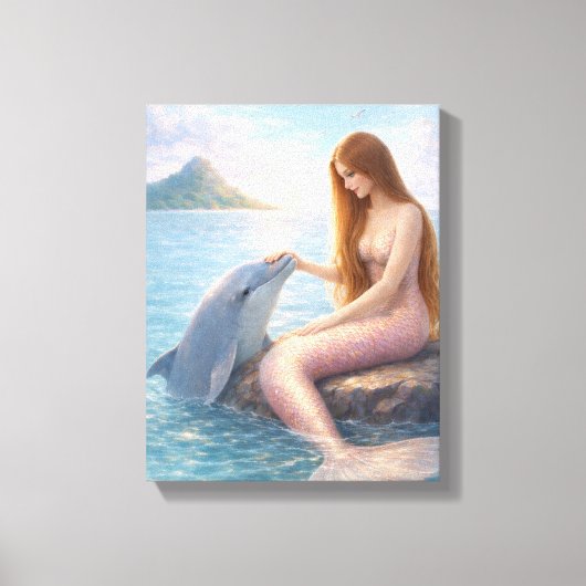 Pink Tail Mermaid & Dolphin Canvas Afdruk (Voorkant)