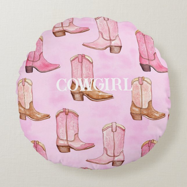 Pink Tan Cowgirl Boots Birthday Rond Kussen (Voorkant)