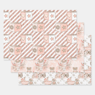 PINK & TAN WATERVERF BABY GIRL BLOKKEN BEREN INPAKPAPIER VEL