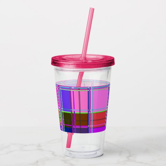 Pink tartan Fabric Pattern Cloth Madras Acryl Drinkbeker (Achterkant)