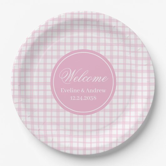 Pink Tartan Paper Plates Chic Custom Name Birthday Papieren Bordje (Voorkant)