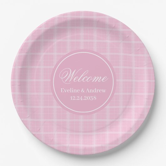 Pink Tartan Paper Plates Modern Monogram Wedding Papieren Bordje (Voorkant)