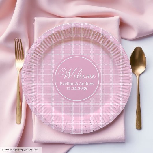 Pink Tartan Paper Plates Modern Monogram Wedding Papieren Bordje