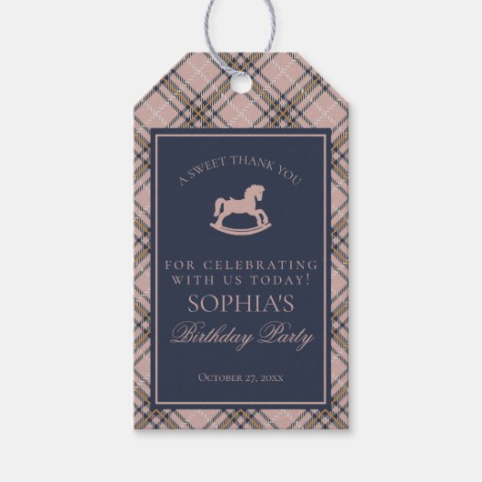 Pink Tartan Plaid Rocking Horse Birthday Favors Cadeaulabel (Voorkant)