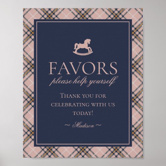 Pink Tartan Plaid Rocking Horse Favors Sign Poster (Voorkant)