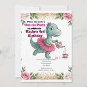 Pink Tea Party Dinosaur 4e verjaardag uitnodiging (Voorkant)