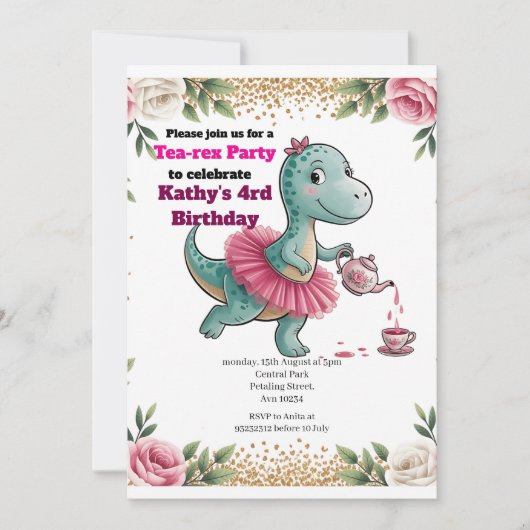 Pink Tea Party Dinosaur 4e verjaardag uitnodiging (Voorkant)