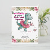 Pink Tea Party Dinosaur 4e verjaardag uitnodiging (Staand voorkant)