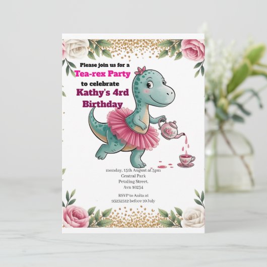Pink Tea Party Dinosaur 4e verjaardag uitnodiging (Staand voorkant)