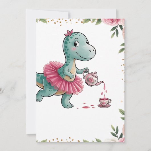 Pink Tea Party Dinosaur 4e verjaardag uitnodiging (Achterkant)