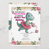 Pink Tea Party Dinosaur 4e verjaardag uitnodiging (Voorkant / Achterkant)