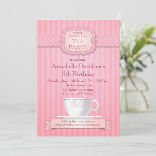 Pink Tea Party uitnodiging (Staand voorkant)