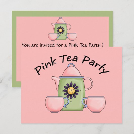Pink_Tea_Party Uitnodiging Briefkaart (Voorkant / Achterkant)