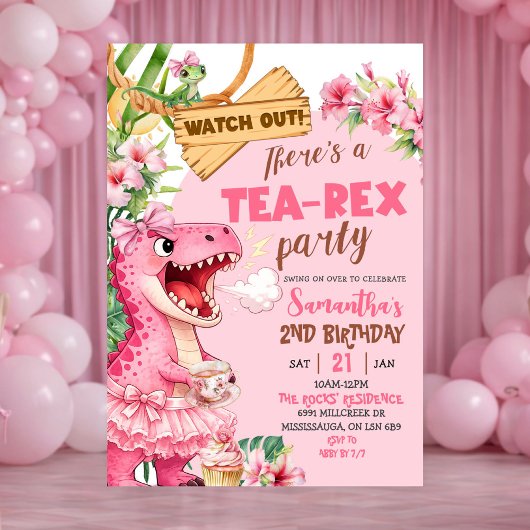 Pink Tea Rex On The Loose Girl Birthday Kaart