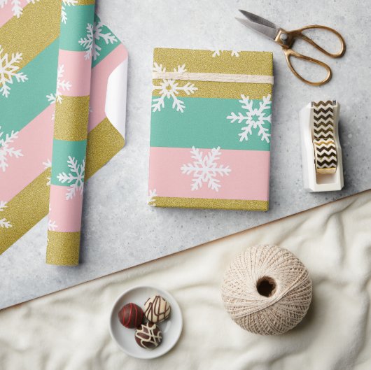 Pink Teal and Gold Stripes With Snowflakes Cadeaupapier (Crafts)