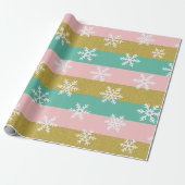 Pink Teal and Gold Stripes With Snowflakes Cadeaupapier (Uitgerold)