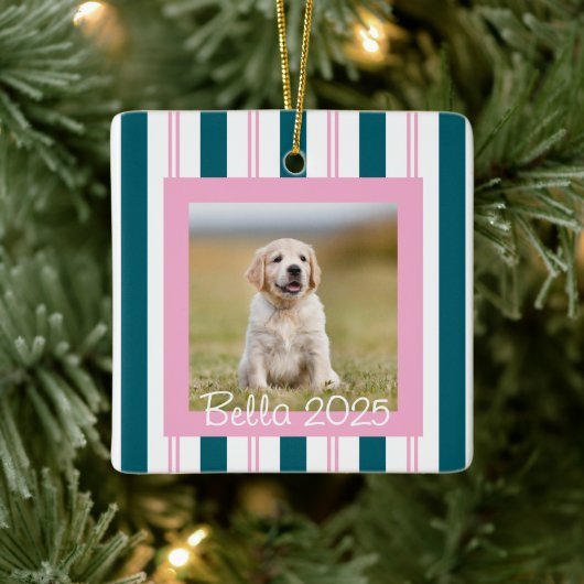 Pink Teal Pet Photo with Name Keramisch Ornament (Boom)
