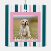 Pink Teal Pet Photo with Name Keramisch Ornament (Achterkant)