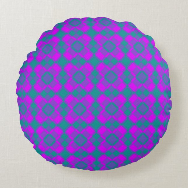 Pink Teal Purple Checker Argyle Pattern Rond Kussen (Voorkant)