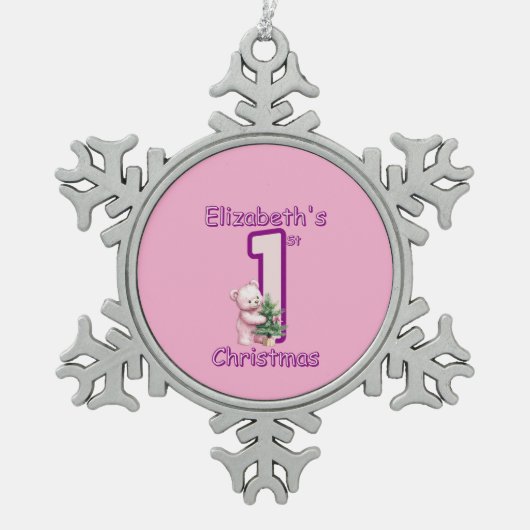 Pink Teddies First Christmas Cheer! Tin Sneeuwvlok Ornament (Voorkant)