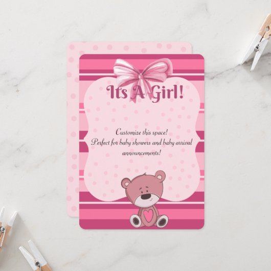 Pink Teddy Baby shower Invitation/Anouncement Kaart (Voorkant / Achterkant in situ)