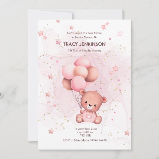 Pink Teddy Baby shower Invitation Kaart (Voorkant)