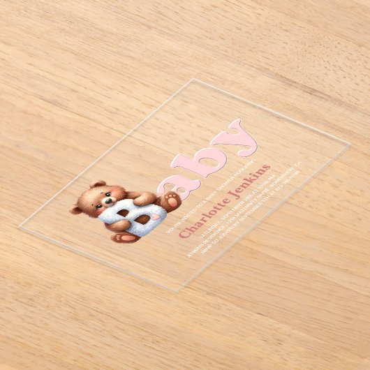 Pink Teddy Bear Baby shower Acryl Uitnodigingen (Laagn)