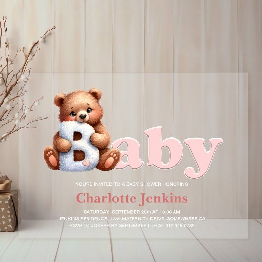 Pink Teddy Bear Baby shower Acryl Uitnodigingen