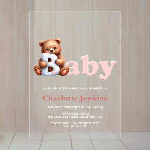 Pink Teddy Bear Baby shower Acryl Uitnodigingen