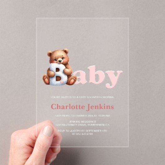 Pink Teddy Bear Baby shower Acryl Uitnodigingen (Insitu (Draagbaar))
