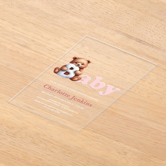 Pink Teddy Bear Baby shower Acryl Uitnodigingen (Laagn)
