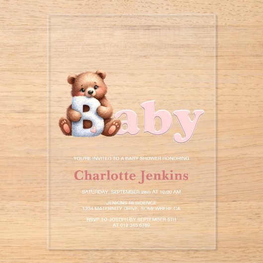 Pink Teddy Bear Baby shower Acryl Uitnodigingen (Voorkant)